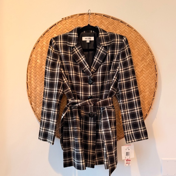 LE SUIT TRENCH-STYLE ELONGATED BELTED 90’S B&W PLAID JACKET SHOULDER PADS LINED - Picture 6 of 16